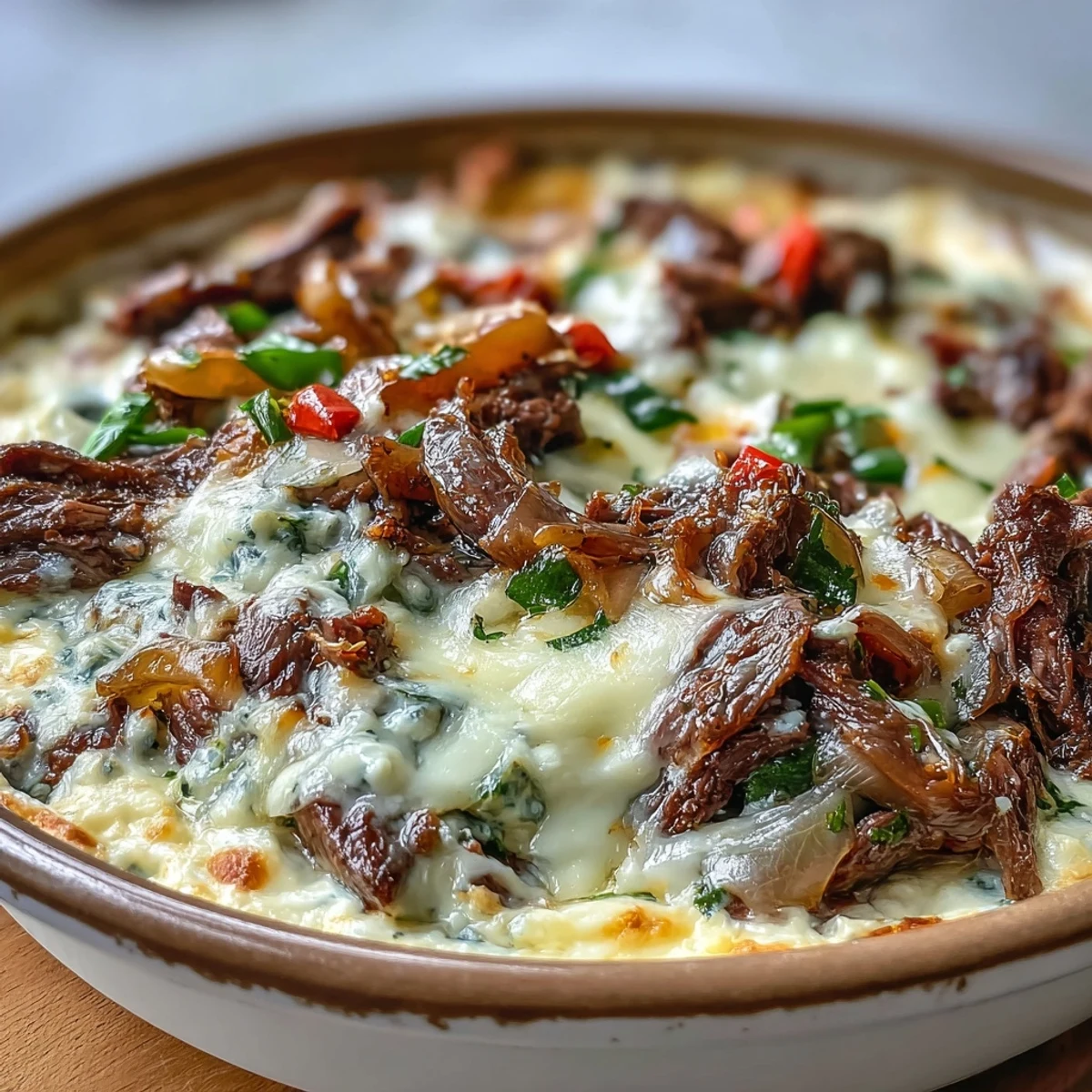 A bubbling golden bowl of Philly Cheesesteak Dip topped with melted provolone and served with crunchy toasted baguette slices.  