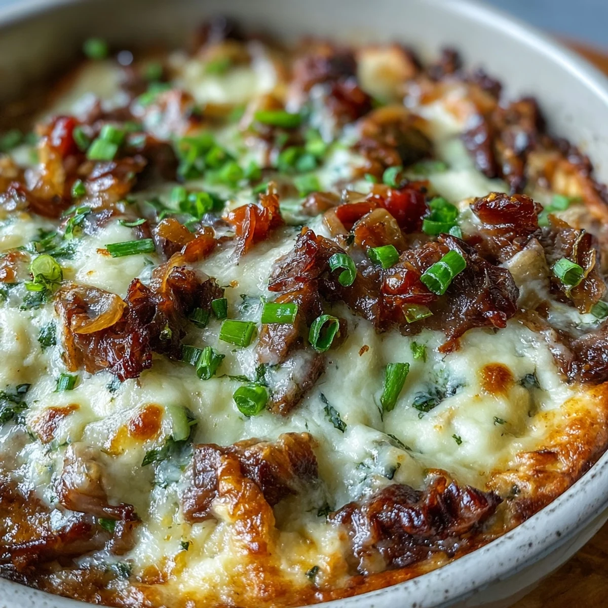 A warm Philly Cheesesteak Dip with sautéed peppers, onions, and tender shaved ribeye, ready for dipping.  