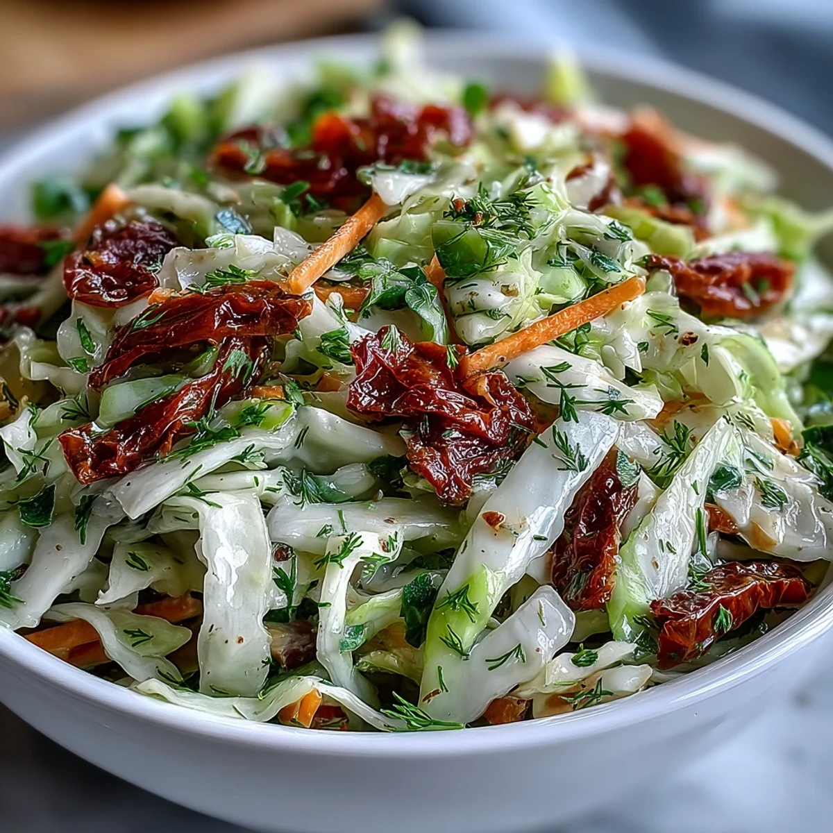 Colorful bowl of Cabbage Salad With Sundried Tomatoes, tossed with herby dressing and fresh herbs.