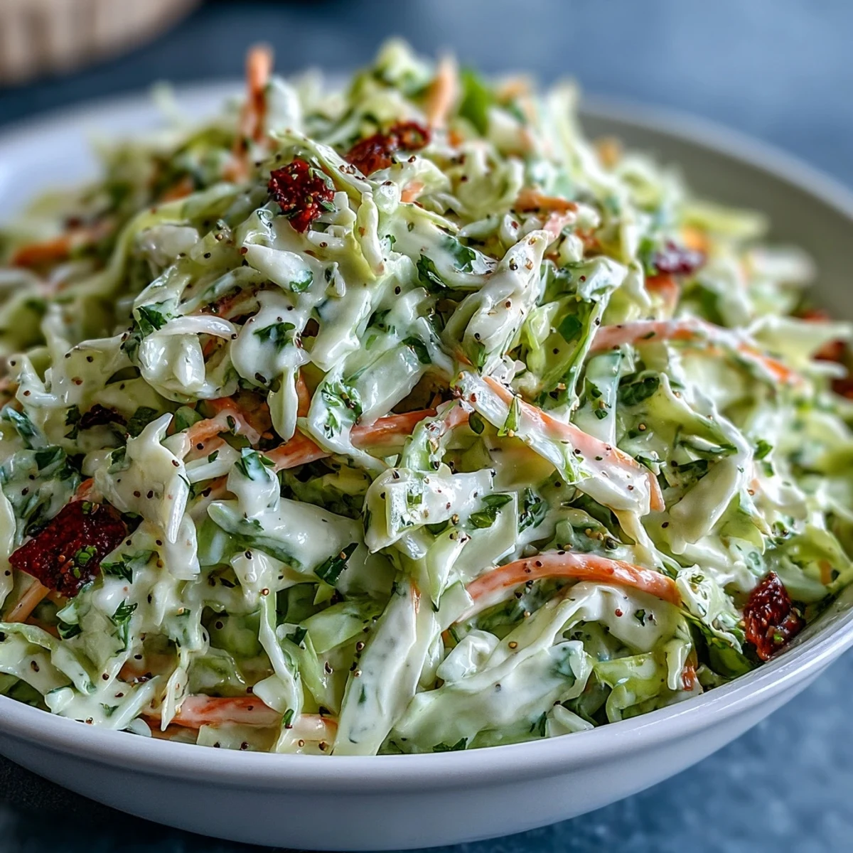 Fresh, crisp Coleslaw with Creamy Dressing tossed with crunchy cabbage and carrots, ideal for backyard barbecues and picnics.