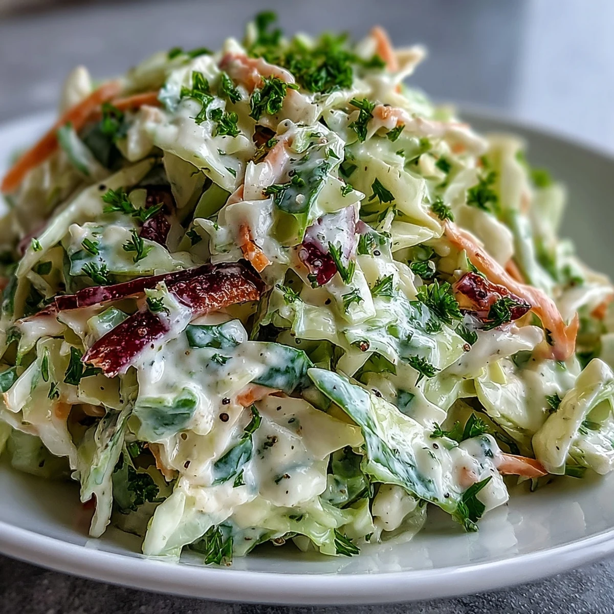 Chilled Coleslaw with Creamy Dressing features shredded purple and green cabbage, carrots, and a tangy mayo-based sauce.