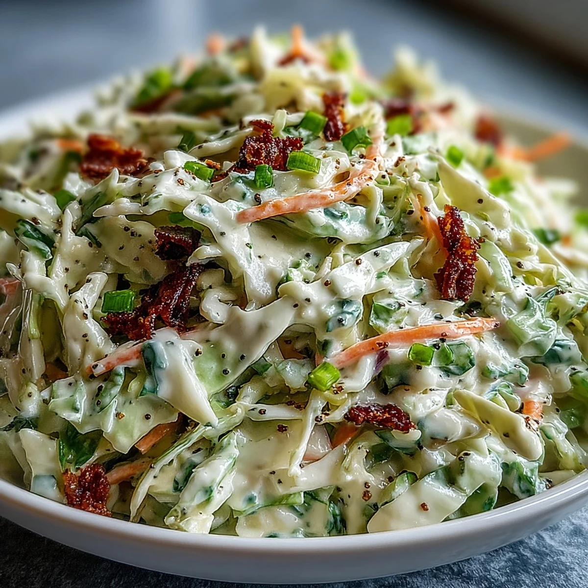 Heaping bowl of homemade Coleslaw with Creamy Dressing served cold alongside grilled burgers at a summer picnic.