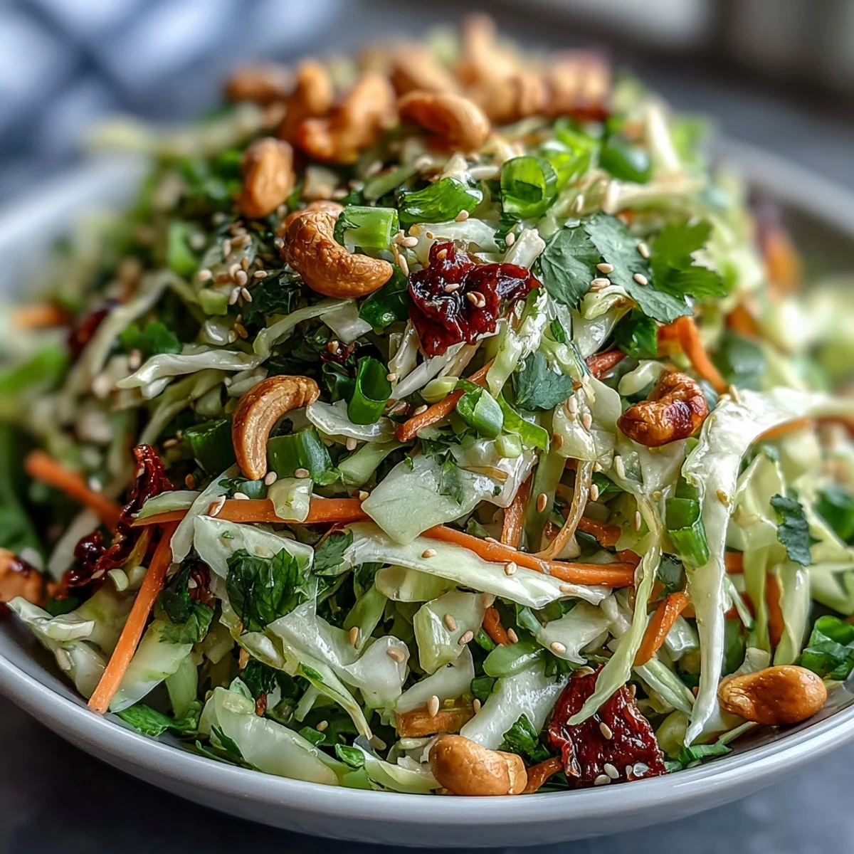 A vibrant bowl of Asian Cabbage Salad topped with chopped roasted cashews and toasted sesame seeds, perfect for a light, crunchy vegan side dish.