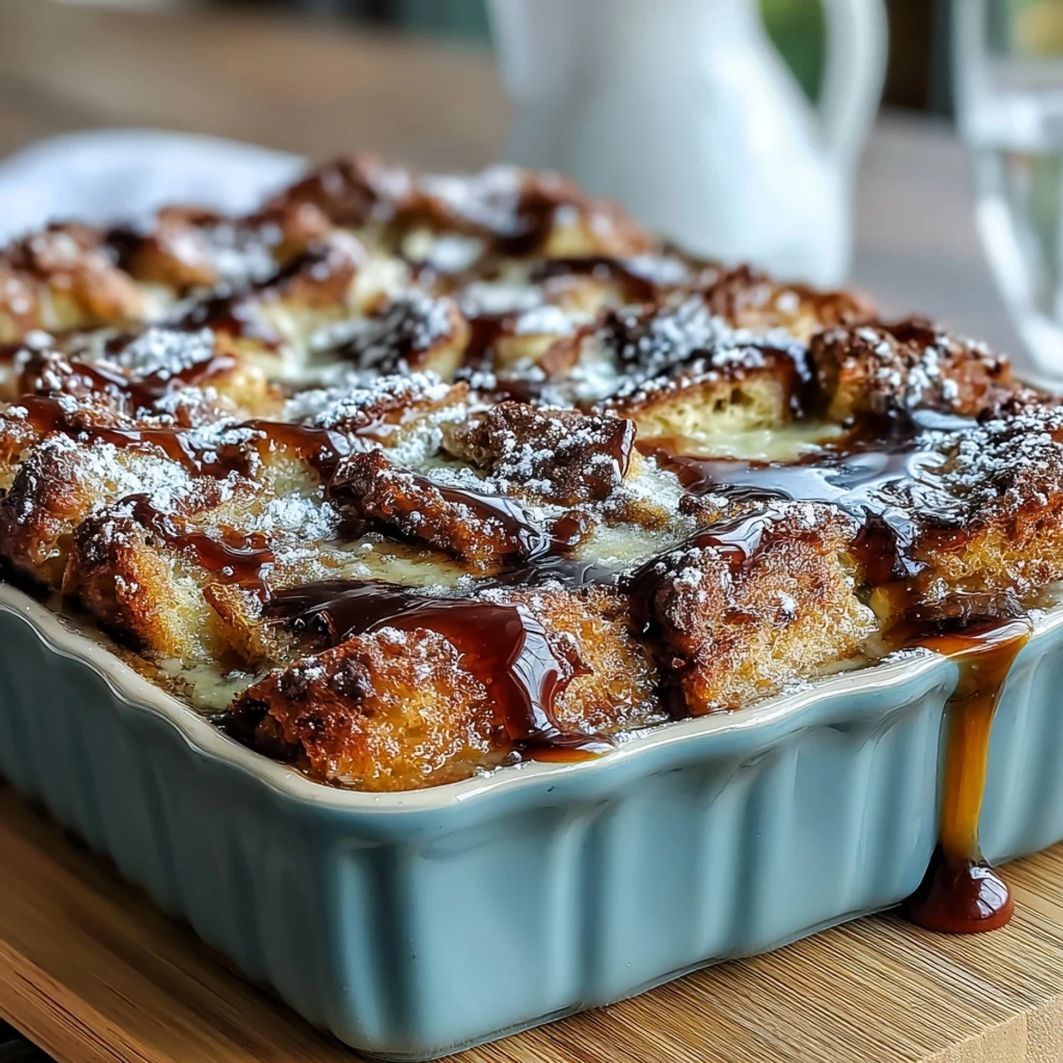 Golden brown Monte Cristo Breakfast Casserole fresh from the oven, topped with powdered sugar and served with maple syrup.