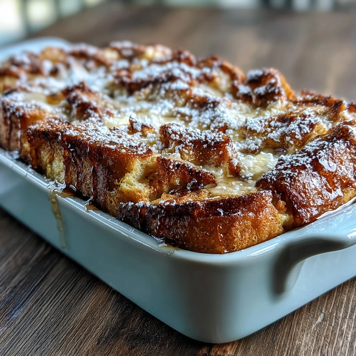 A slice of warm Monte Cristo Breakfast Casserole on a plate, ready to be drizzled with sweet maple syrup.