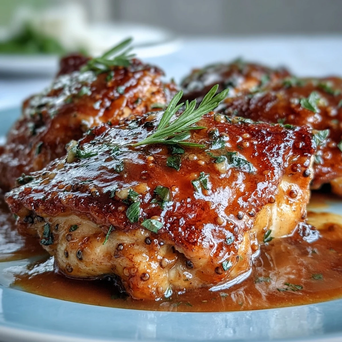 Tender Slow Cooker Honey Mustard Chicken resting in a glossy, sweet and tangy sauce beside creamy mashed potatoes.