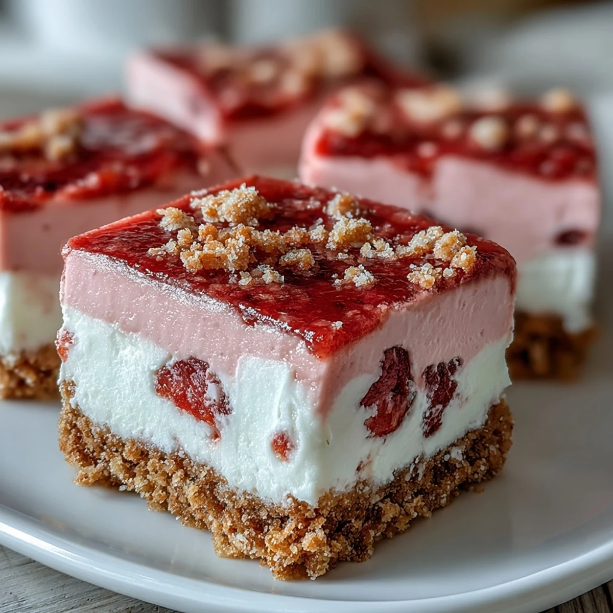 Close-up of a creamy No-Bake Strawberry Fudge Square being sliced, revealing the smooth, tangy white chocolate and strawberry interior.