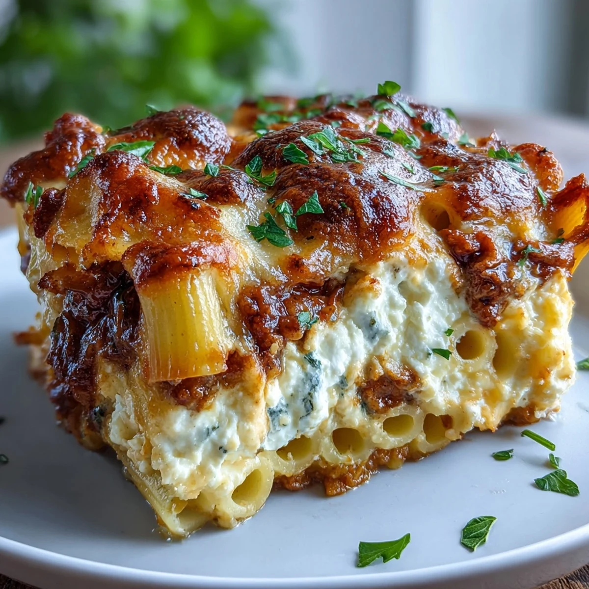 A close-up of a serving showing the Cottage Cheese Protein Pasta Bake with Ground Beef, revealing the steamy, cheesy interior.