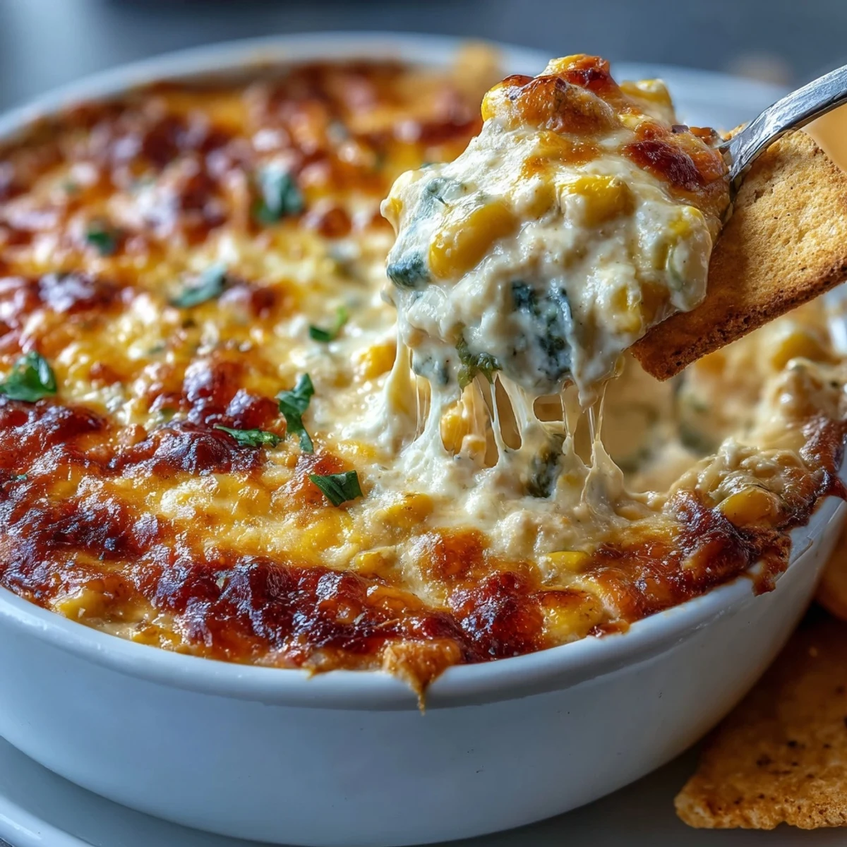 Cooling Crack Corn Dip topped with fresh green onions, served chilled with crunchy tortilla chips at a party platter.