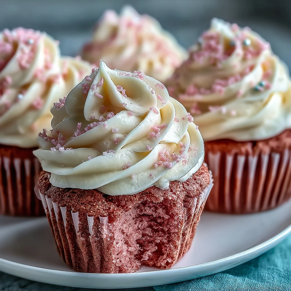 Freshly baked Pink Velvet Cupcakes with Vanilla Buttercream Frosting, topped with pink sprinkles and ready to serve.