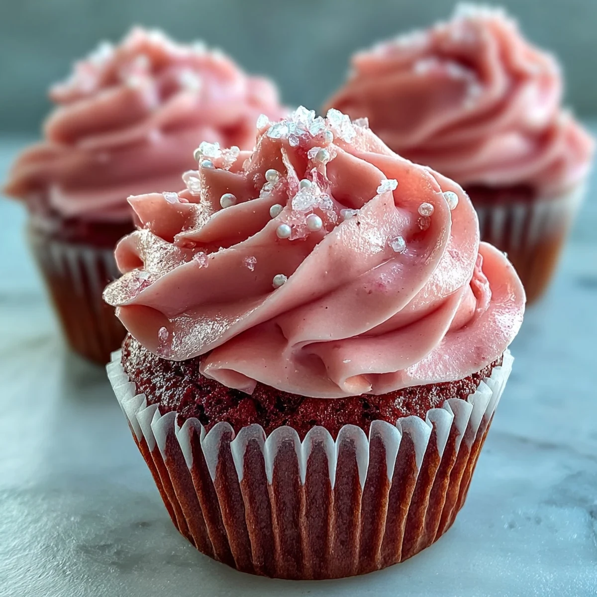 Warm Pink Velvet Cupcakes with swirls of vanilla buttercream frosting, presented on a decorative ceramic plate.