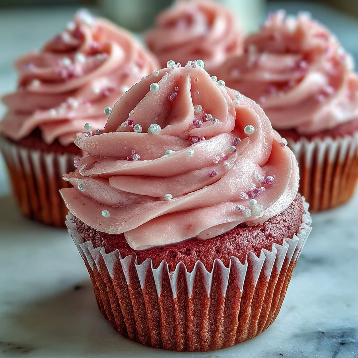 A single Pink Velvet Cupcake with moist crumb, creamy vanilla buttercream, and a delicate pink hue.
