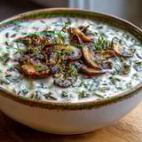 A warm bowl of Wild Rice Mushroom Soup with a spoon, ready for a comforting lunch.