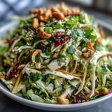 A vibrant bowl of Asian Cabbage Salad topped with chopped roasted cashews and toasted sesame seeds, perfect for a light, crunchy vegan side dish.