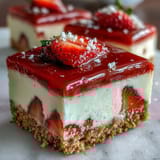 Tangy strawberry lemonade bars with buttery shortbread crust, dusted with powdered sugar for a refreshing spring dessert.