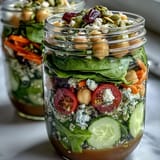 Healthy Summer Meal Prep: Mason Jar Salads for the Week – Vibrant layers of fresh greens, cherry tomatoes, quinoa, and protein in clear glass jars, perfect for grab-and-go lunches.  