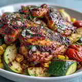 Sheet pan chicken with zucchini and corn roasted to golden perfection, bursting with fresh summer flavors.