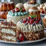 Festive Easter dessert table with carrot cake, pavlova, and lemon tart arranged on a white platter.