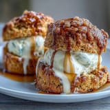 Golden scones sweetened with dandelion honey, topped with a generous dollop of clotted cream, perfect for a cozy afternoon tea.