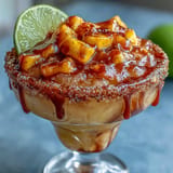 Frozen mango chamoyada recipe adorned with spicy Tajín and fresh fruit.