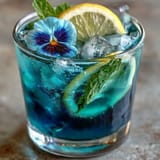 Thick, mesmerizing blue Butterfly Pea Flower Lemonade is poured over ice, ready to enjoy.