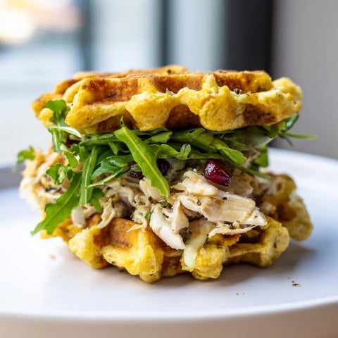 Crispy stuffing waffle sliders, filled with chicken and cranberry mayo, ready to eat.