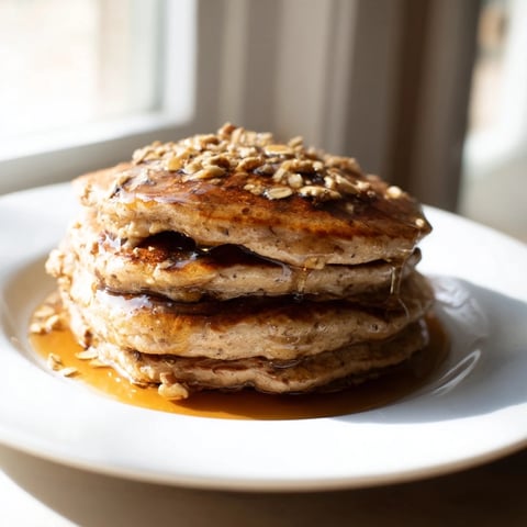 Golden-brown banana oat pancakes stacked high, ready to be drizzled with maple syrup.