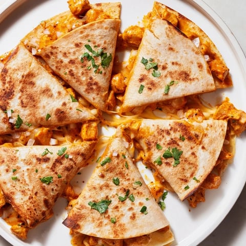 Golden, cheesy Butter Chicken Quesadillas showing melted cheese and spiced chicken filling a flour tortilla.