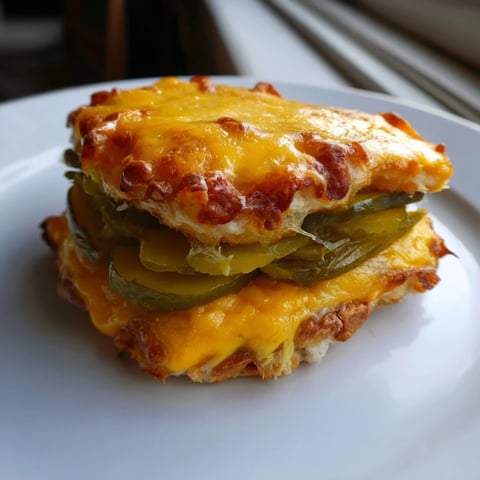 Golden, bubbly Pickle Bread Sandwich, featuring melted cheese and tangy pickle slices, ready to bite.