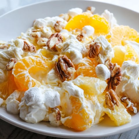 A vibrant bowl of Elevated Ambrosia Salad, showcasing mandarin oranges and toasted pecans in luscious whipped cream.
