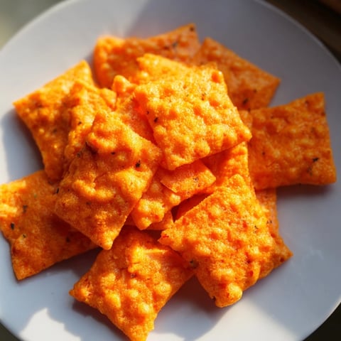 Golden-brown Crispy Cheeto Cheese Crackers, freshly baked on a wire rack, showcasing their bright orange, cheesy crust and jagged edges.