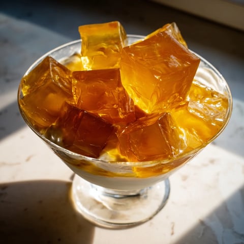 A close-up of coffee jelly cubes glistening and suspended in sweetened cream inside a glass, garnished with cocoa powder.