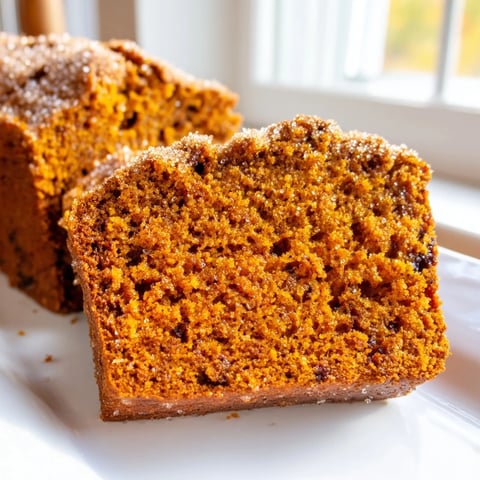 A freshly baked pumpkin bread loaf with a moist, tender crumb and warm spice aroma, ready to slice.  