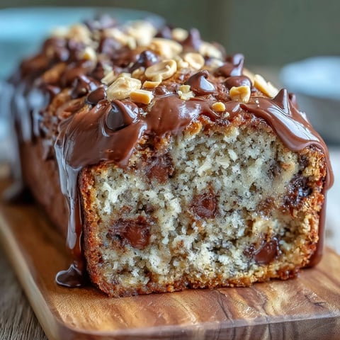 A slice of moist Chocolate Chip Peanut Butter Oatmeal Banana Bread on a rustic wooden board, showing melted chocolate chips.