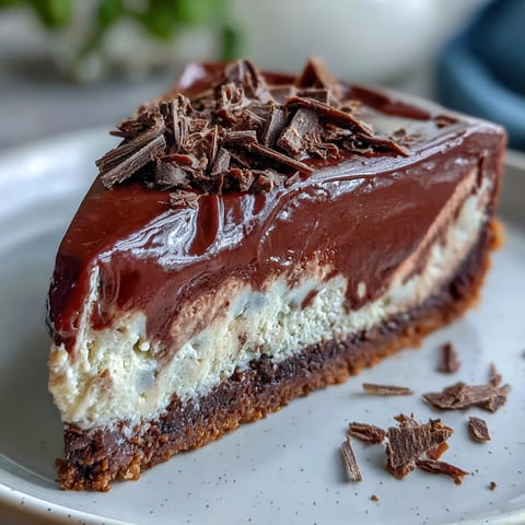 A smooth slice of Lighter Chocolate Cottage Cheese Cheesecake on a white plate, topped with dark chocolate shavings.