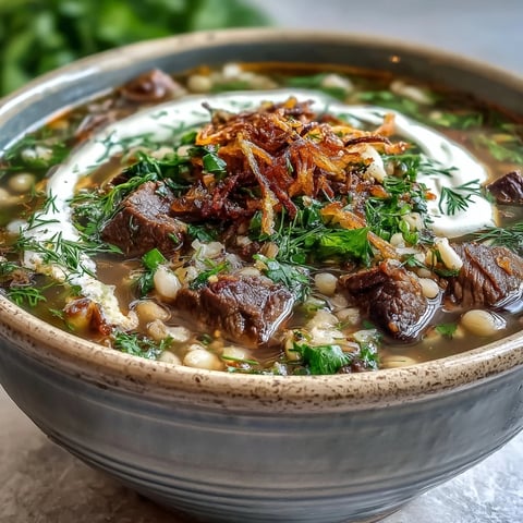 Steaming bowls of Beef Barley Soup topped with golden, crispy mint-fried onions and a tangy sour cream swirl.