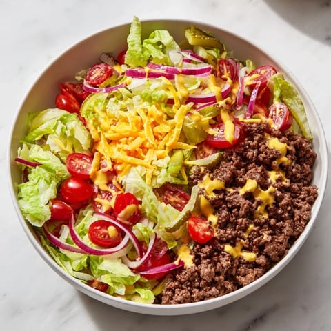 A vibrant close-up of an Easy Big Mac in a Bowl, featuring seasoned ground beef, shredded cheddar, and fresh veggies topped with creamy special sauce.