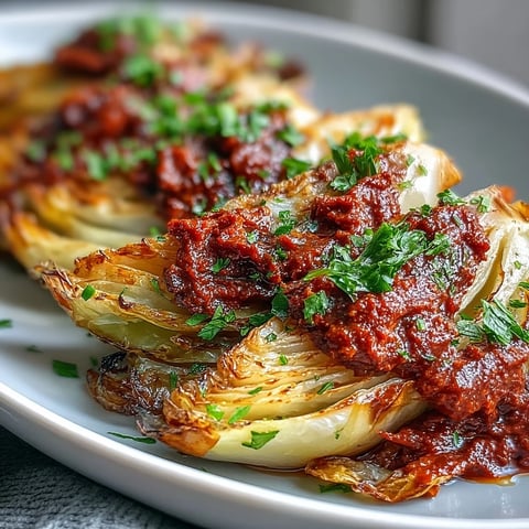 Golden roasted cabbage wedges on a sheet pan topped with vibrant red winter romesco sauce and fresh parsley for a cozy vegetarian dinner.