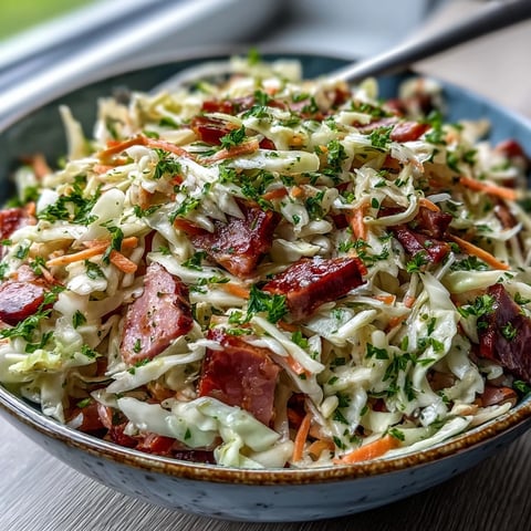 Freshly shredded green and red cabbage mixed with grated carrot and smoky shredded ham, tossed in a tangy German-style dressing in a glass bowl.