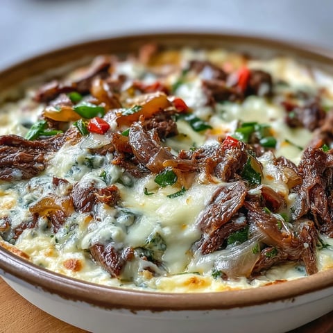 A bubbling golden bowl of Philly Cheesesteak Dip topped with melted provolone and served with crunchy toasted baguette slices.  