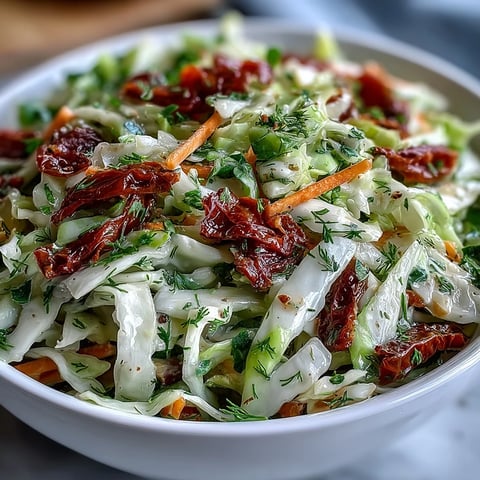 Colorful bowl of Cabbage Salad With Sundried Tomatoes, tossed with herby dressing and fresh herbs.
