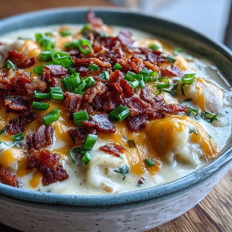 A steaming bowl of Loaded Potato Soup topped with crumbled bacon, shredded cheddar, and fresh green onions.