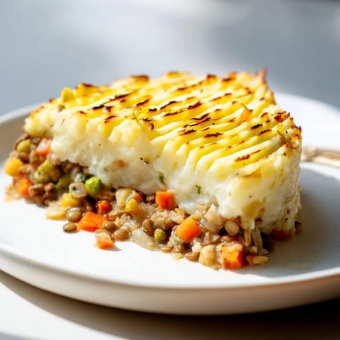 A close-up of a warm, bubbling Hearty Lentil Shepherd's Pie ready for a delicious dinner.