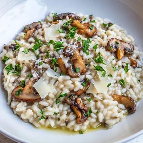 Creamy Stove-Top Risotto, a velvety Italian rice dish, is ready with optional earthy mushrooms.