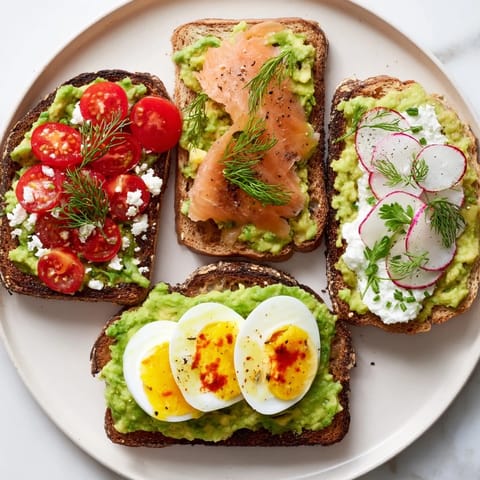 Four vibrant avocado toast creations, from smoked salmon to spicy chickpeas, ready to devour for lunch.