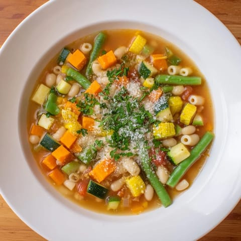 Vibrant photo of a hearty Simple One-Pot Minestrone Soup, full of vegetables and pasta, perfect for dinner.