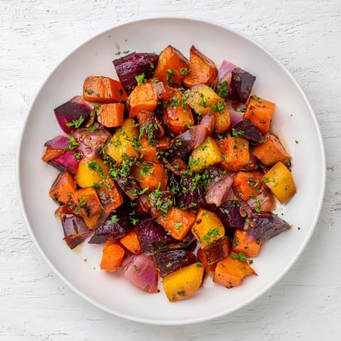 Golden brown Roasted Root Vegetable Medley glistening with balsamic glaze, a delicious vegetarian side.