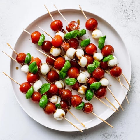 These Fresh Caprese Salad Skewers feature bright red tomatoes, creamy mozzarella, and a balsamic drizzle.