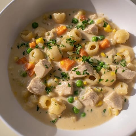 This comforting Chicken Pot Pie Pasta Soup features creamy broth, chicken, and perfectly cooked ditalini pasta.