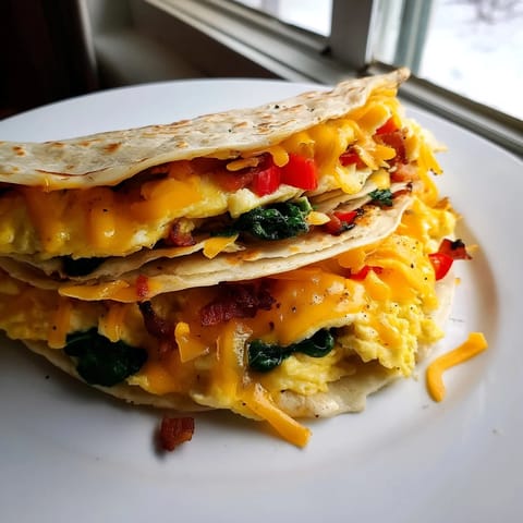 A perfectly folded breakfast quesadilla hack, showcasing a delicious Tex-Mex breakfast ready to eat.